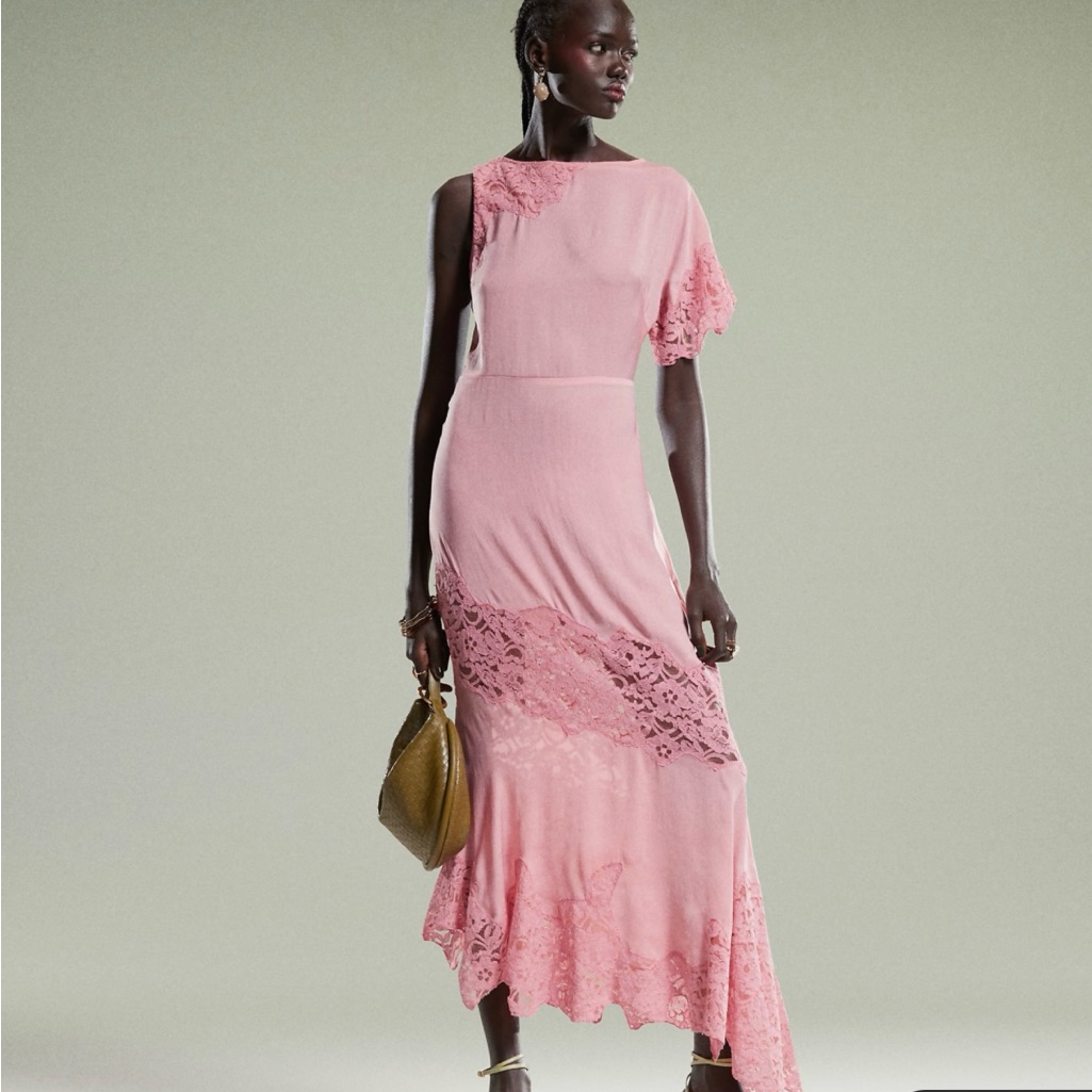 Asos Design Flutter Sleeve Midi Dress With Lace Detail In Pink